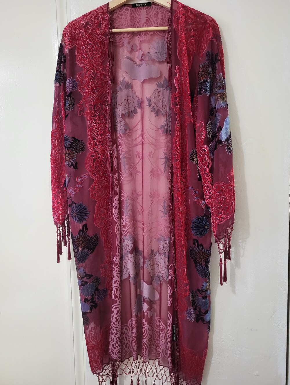 Jayley Sheer Velvet Kimono Silk Robe in Deep Rose MISSING TASSELS!